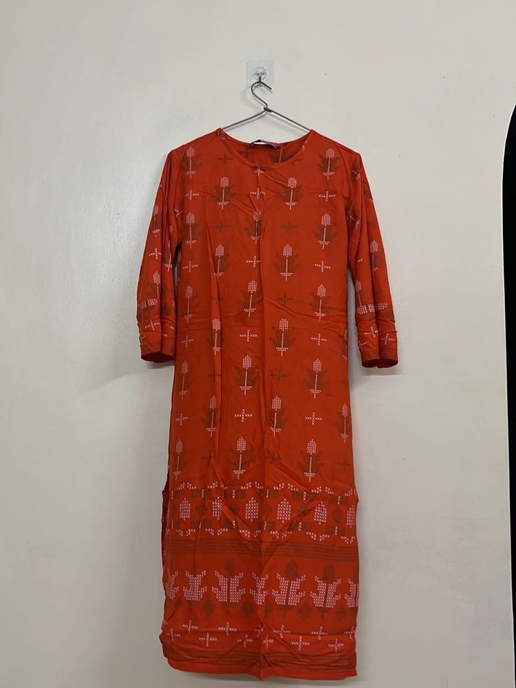 Vibrant Orange Kurta with Floral Print