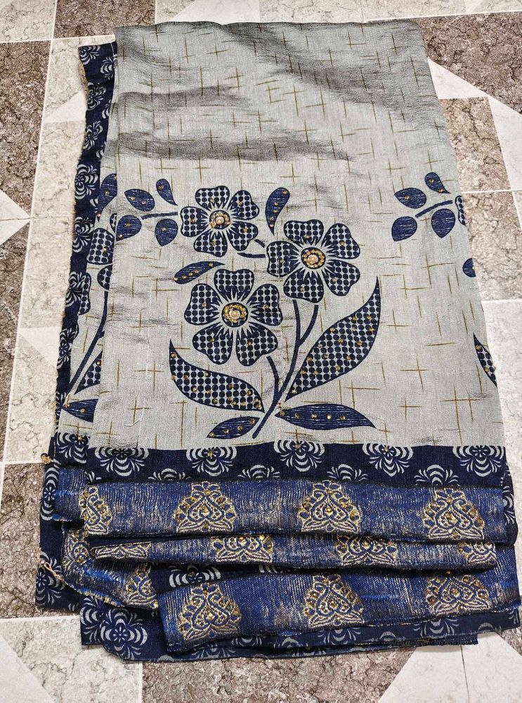 Elegant Grey &amp; Blue Floral Saree