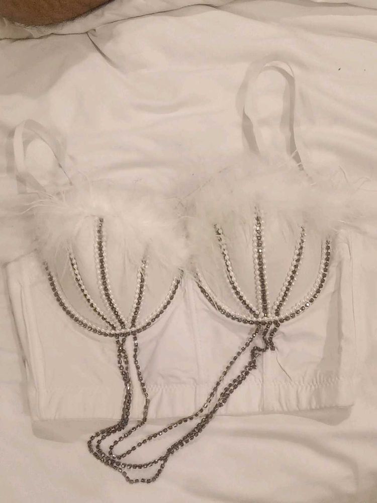 Feather &amp; Rhinestone Embellished Bra