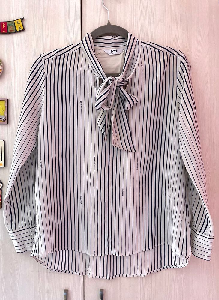 Navy Blue Striped Tie Neck Blouse