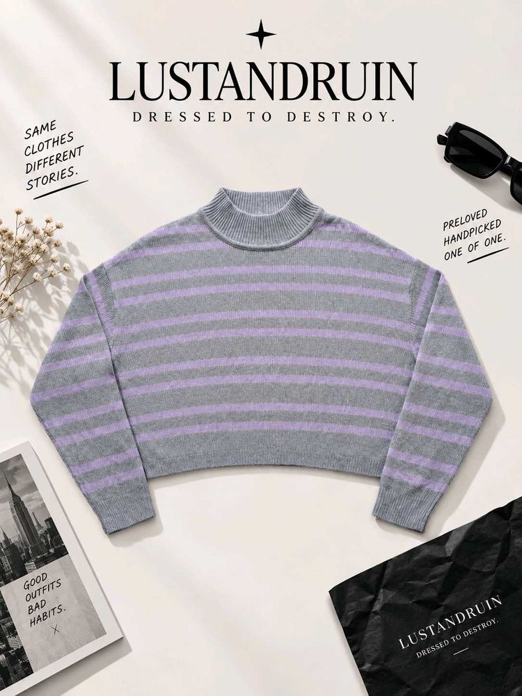 STRIPED RIBBED KNIT SWEATER.