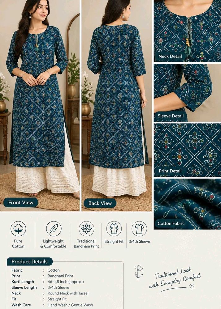 Teal Bandhani Print Cotton Kurta