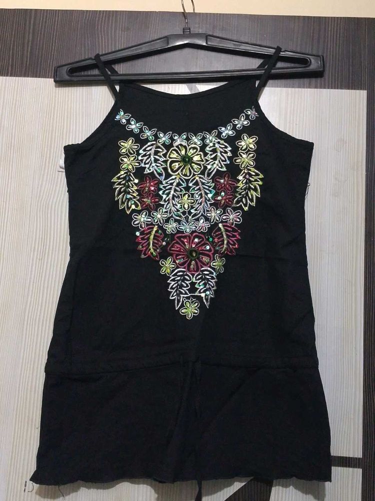 Black Embroidered Cami Top(length 24l)
