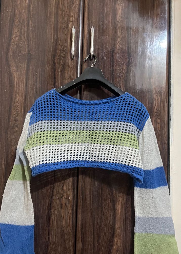 Cropped Mesh Striped Sweater