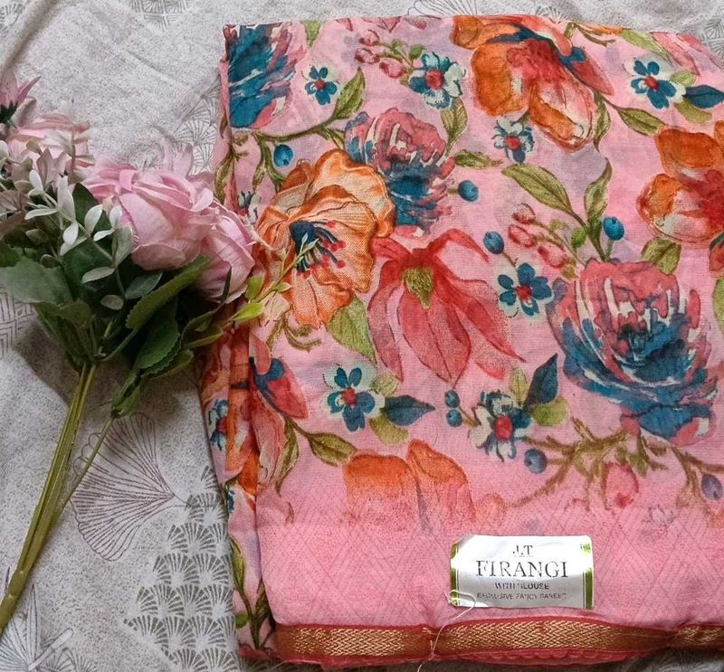 Beautiful Floral Pink Saree with unstitched blouse