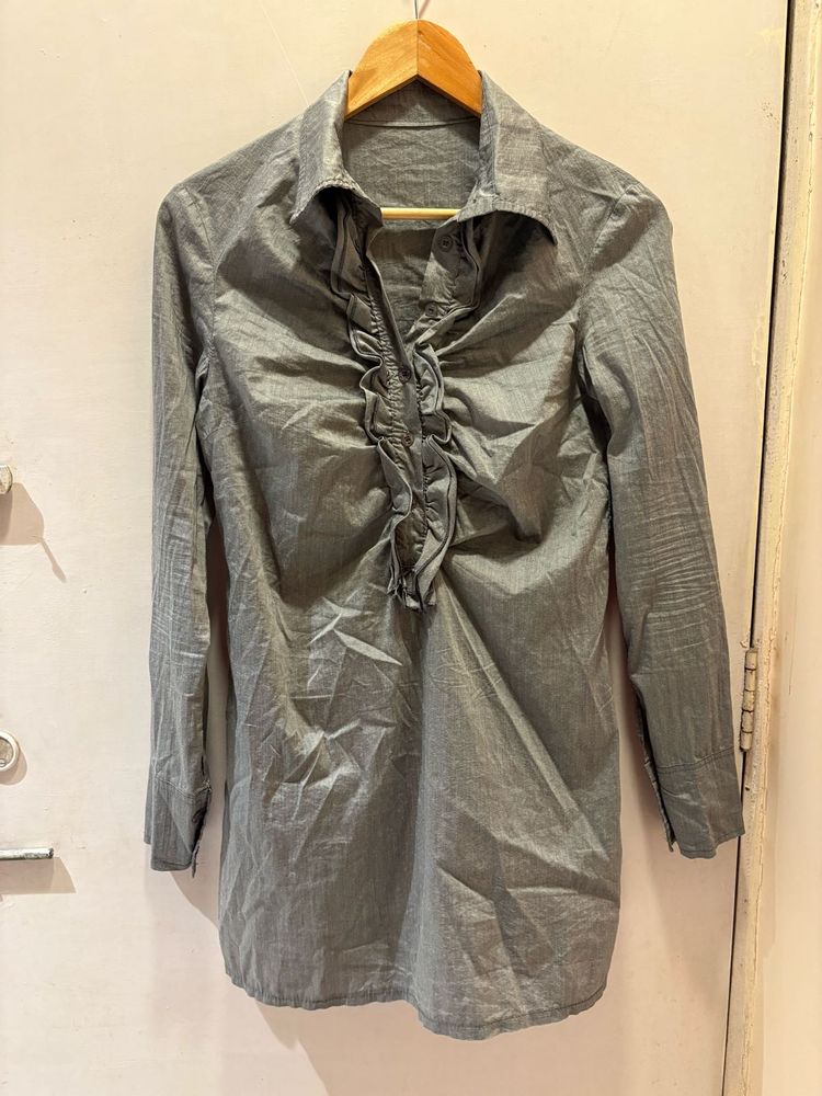 Chic Grey Ruffled Button-Down Top