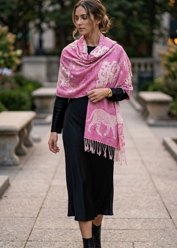 New Pink Floral Shawl with Tassels
