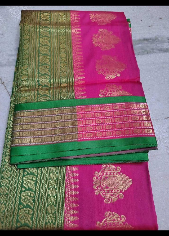 Elegant Pink &amp; Green Silk Saree(No bargaining)