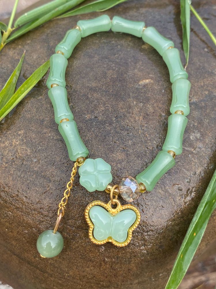 Bamboo jade with  Butterfly charm Bracelet