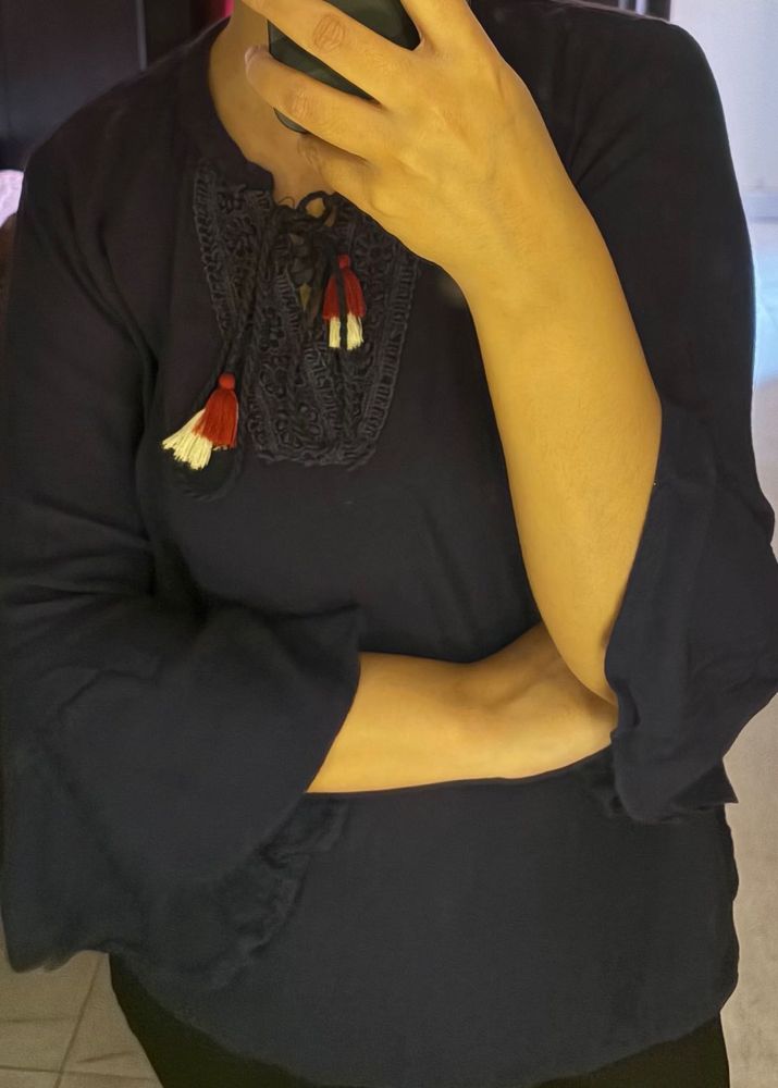 Navy Blue Kurta with Tassel Detail