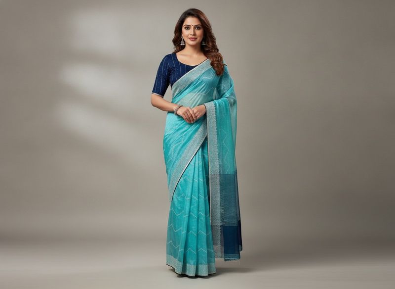 see blue saree with contrast blouse