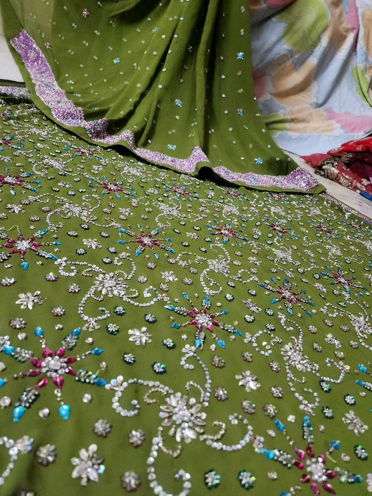 dhambka work with Olive Green colour Saree