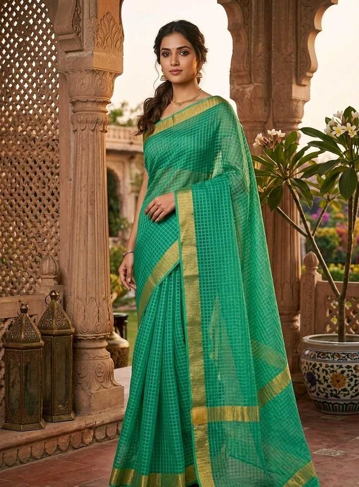 Elegant Green Checkered Saree