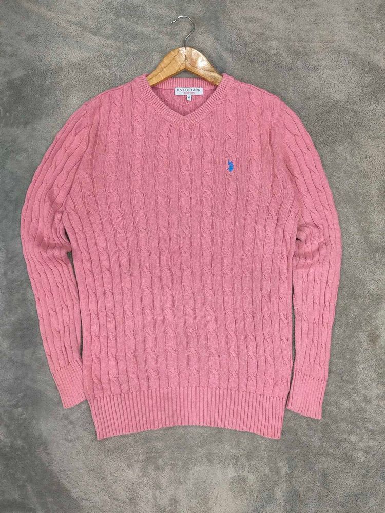 US Polo Assn Pink Cable Knit V-Neck Sweater