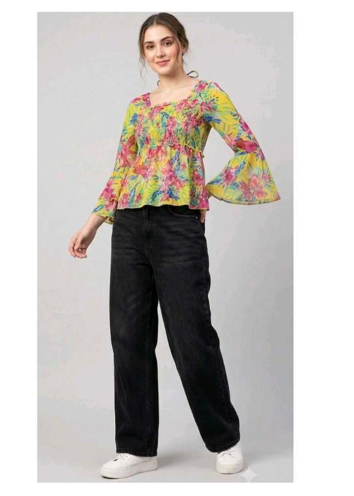 Chic Yellow Floral Bell Sleeve Top
