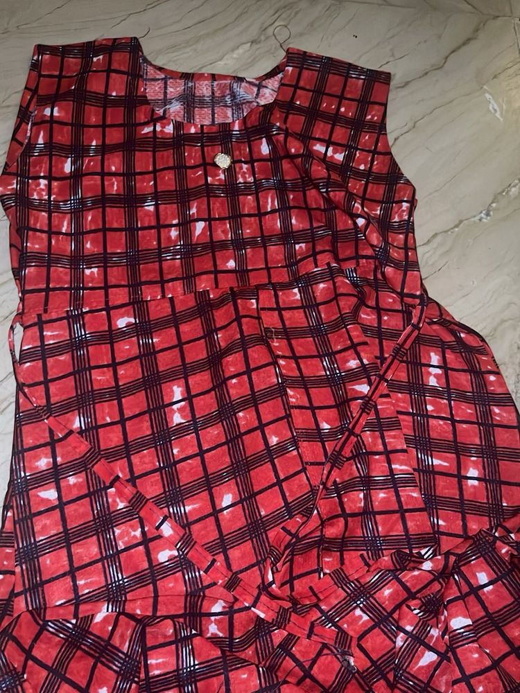 Red Checkered Sleeveless Dress
