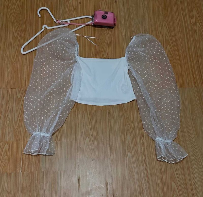 Sheer Puff Sleeve Crop Top