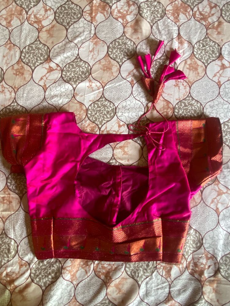 Vibrant Pink Silk Blouse with Golden Border