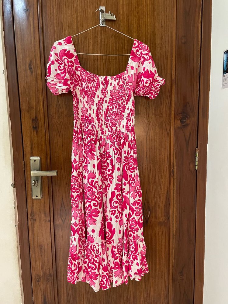 Chic Pink Floral Print Midi Dress