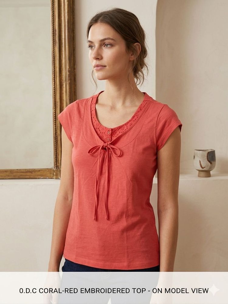 Coral Red Embroidered Tie-Front Top