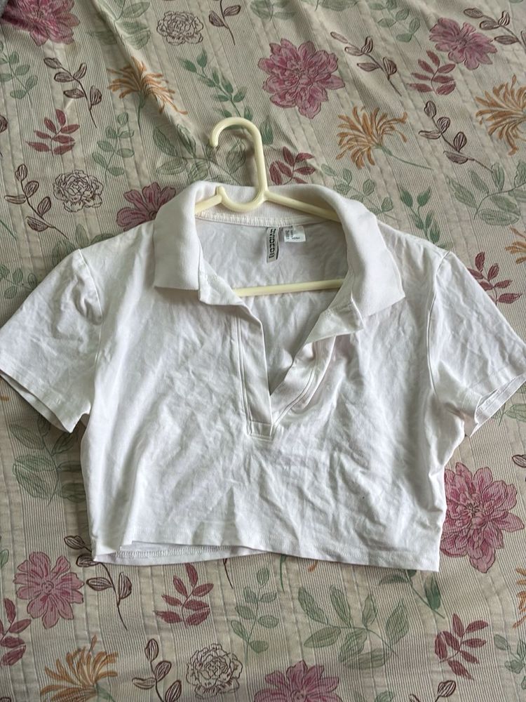 White Cropped Polo T-Shirt