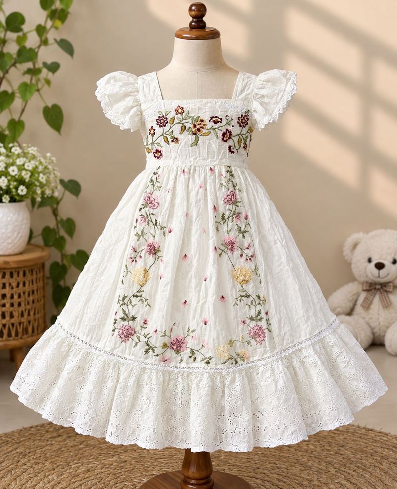 Embroidered White Cotton Frock