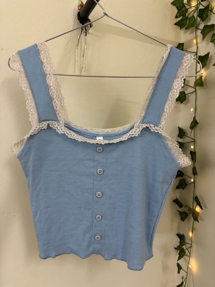 Cute Blue Lace Trim Tank Top