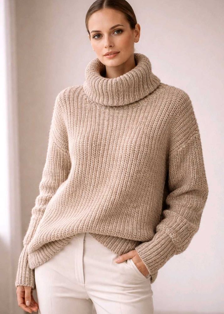Chunky Beige Knit Turtleneck Sweater