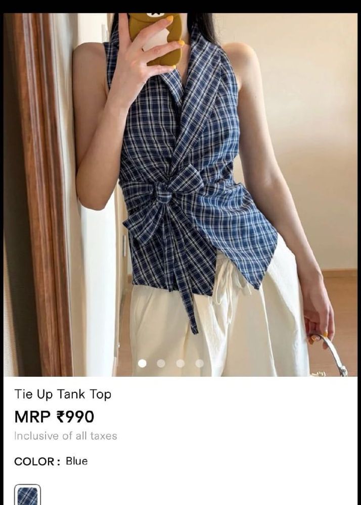 Blue Plaid Tie-Up Tank Top
