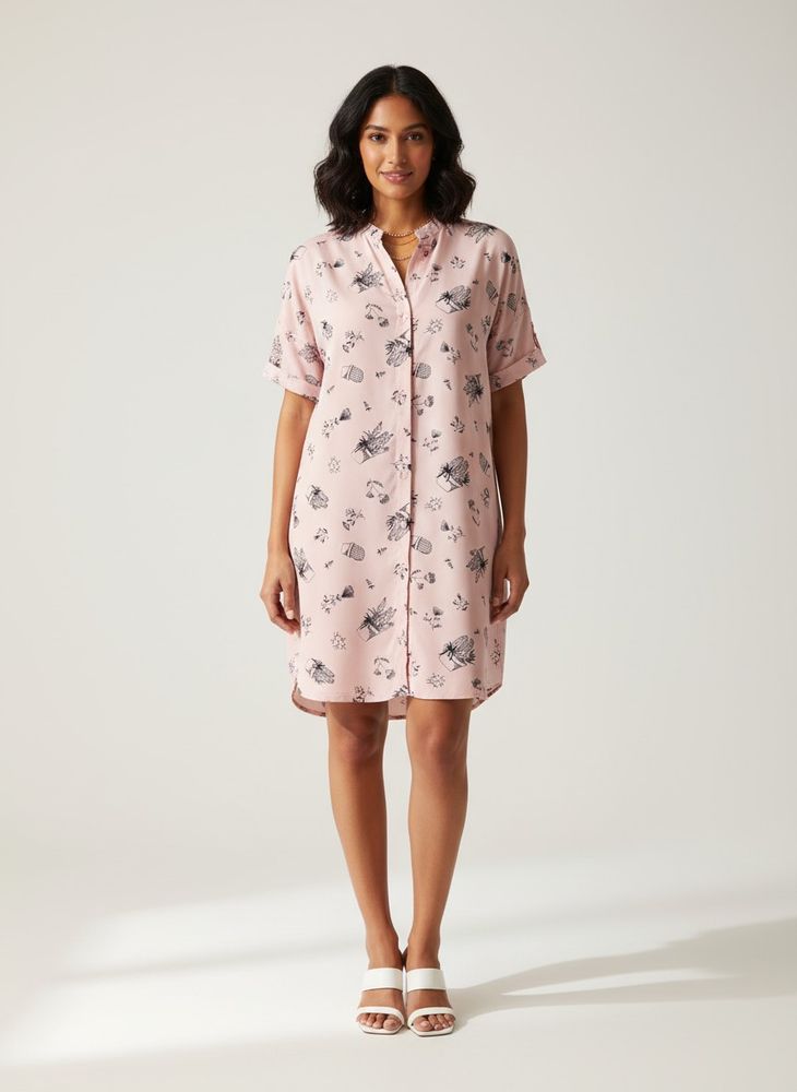 Pink Floral Print Shirt Dress