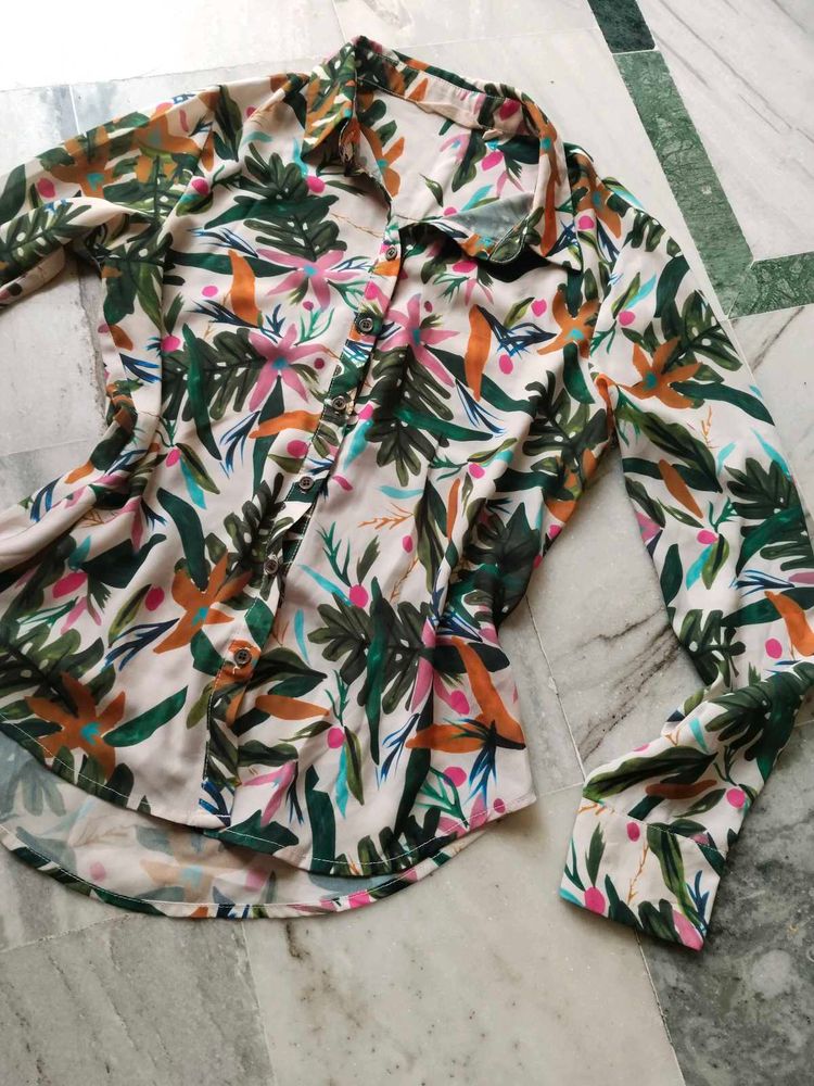 Tropical Print Button-Up Shirt