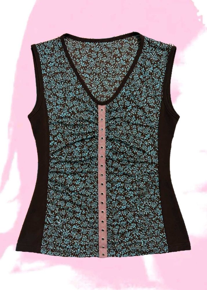Ruching Floral V-Neck Sleeveless Top