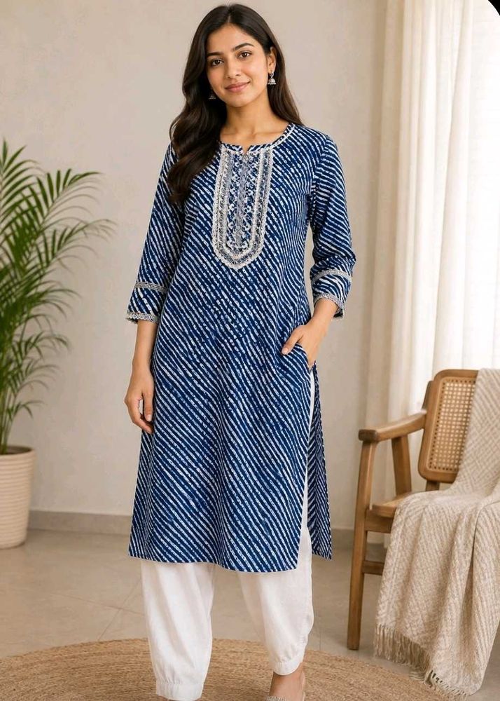 Blue Striped Kurta set with White Lace