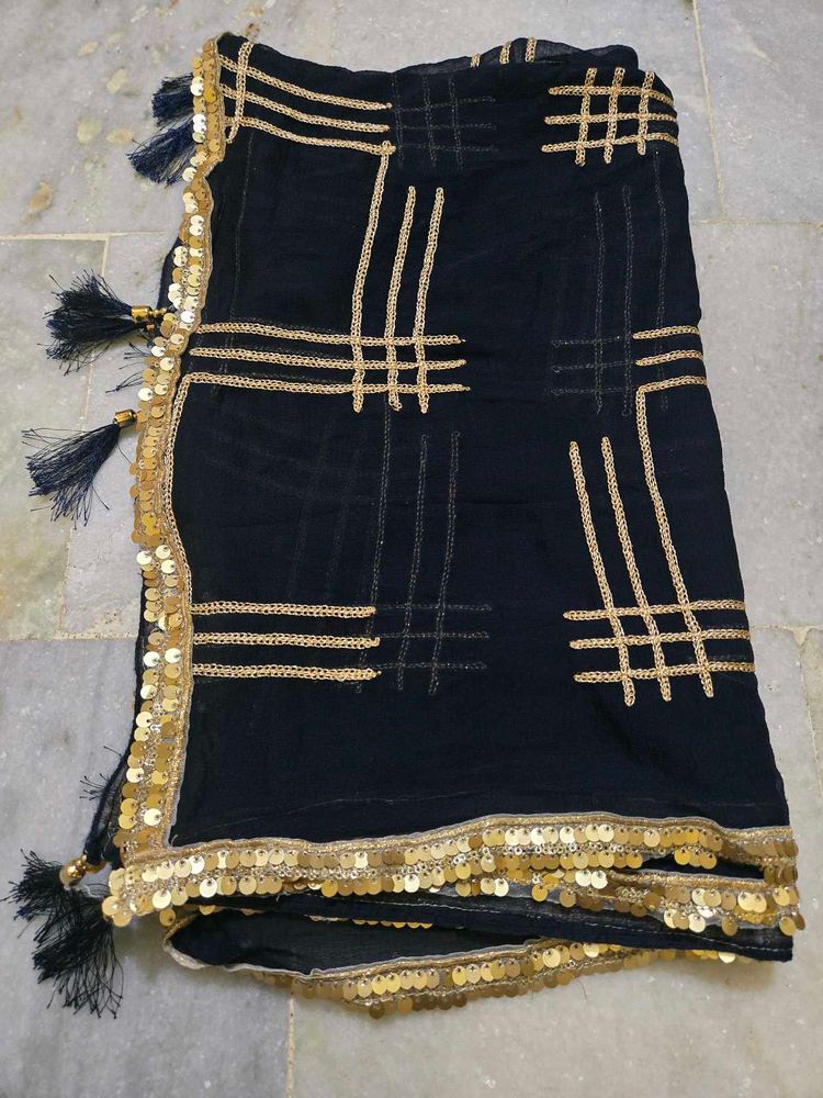 Blue Dupatta with Gold Sequins &amp; Tassels