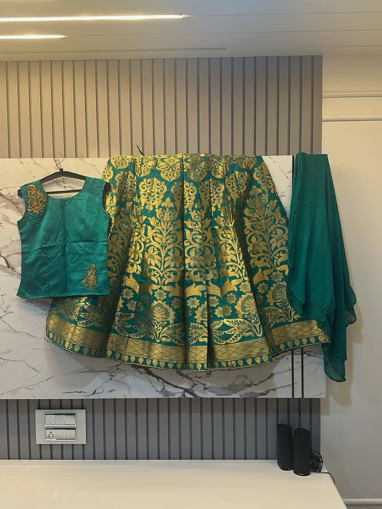 Silk Teal &amp; Gold Brocade 3 piece  Lehenga KurtiSet
