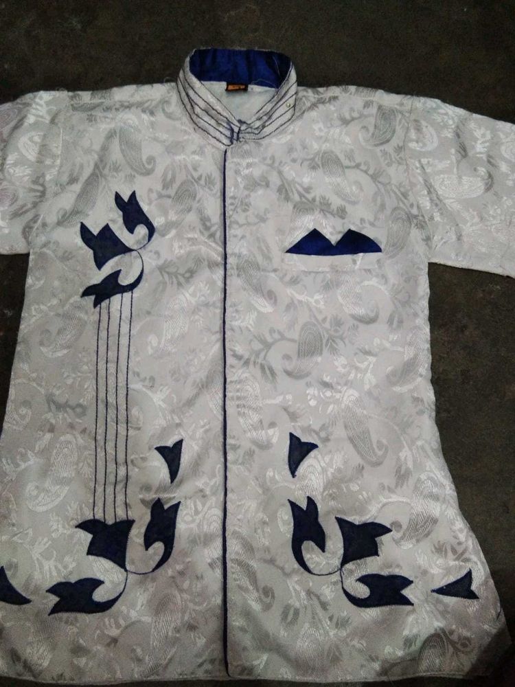 Stylish White Kurta with Blue Embroidery