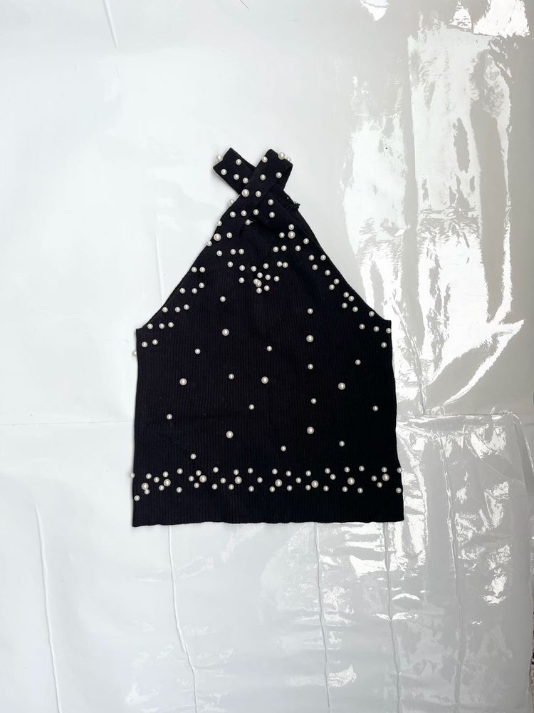 Black Pearl Embellished Halter Top