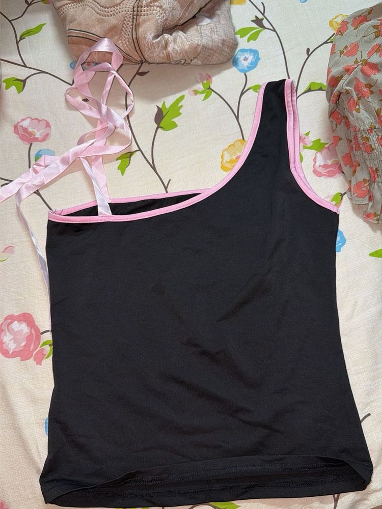 Chic Black One-Shoulder Top with Pink Ribbons