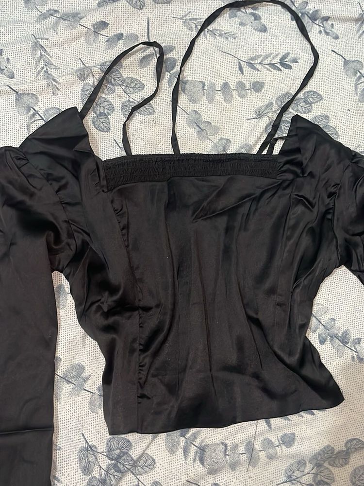Chic Black Satin Square Neck Top