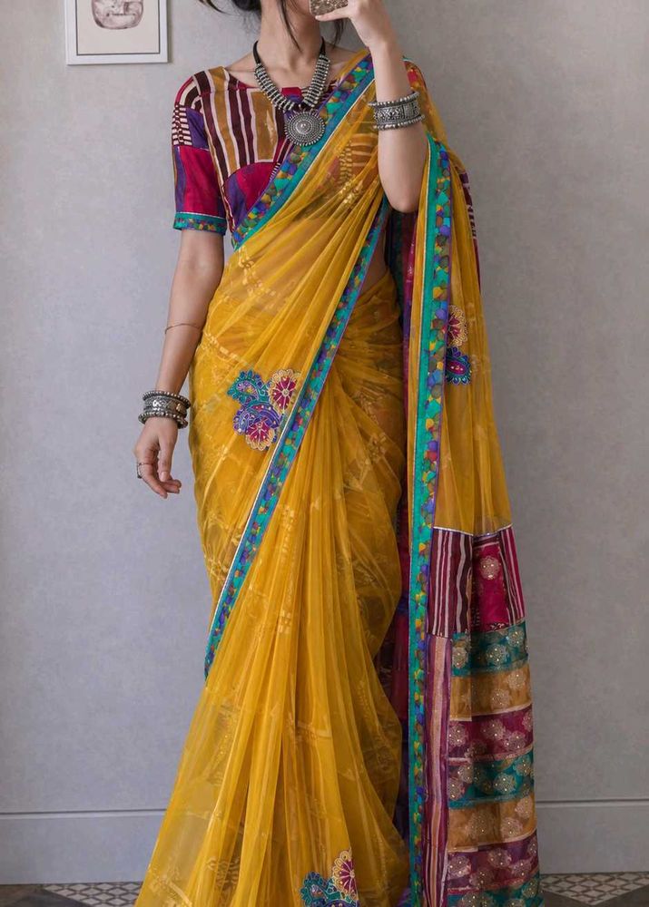 Yellow Net Saree with Embellishments