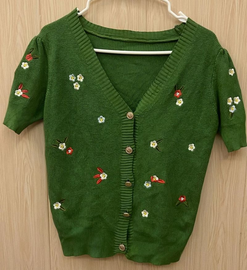 Green Floral Embroidered Cardigan