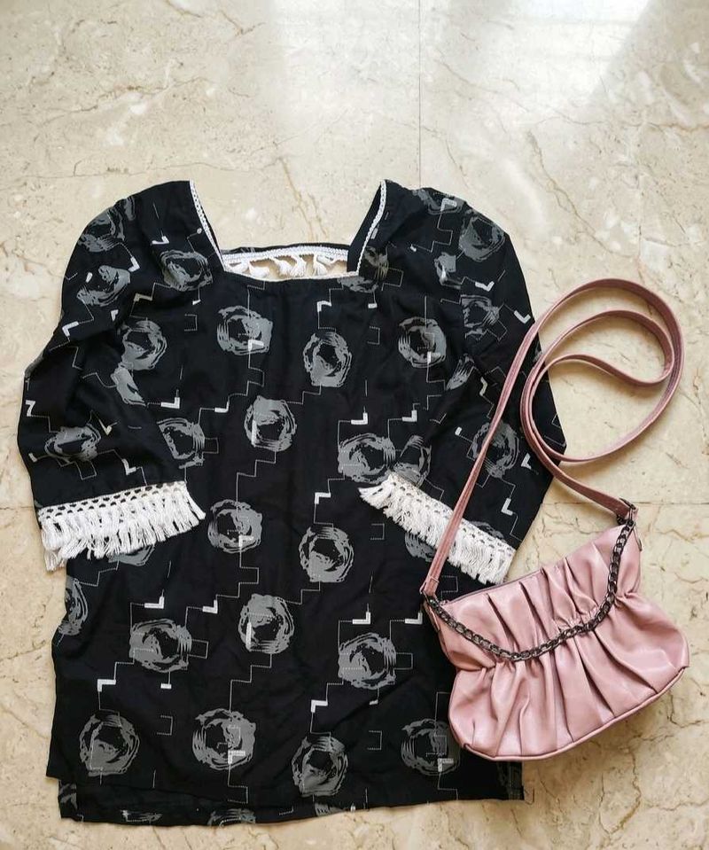 Stylish Black Printed Kurta with Pink Bag