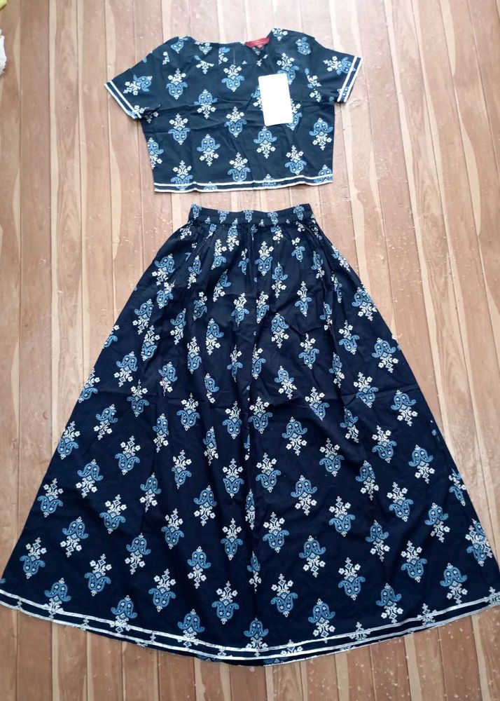 Stylish Blue Ethnic Crop Top &amp; Skirt Set