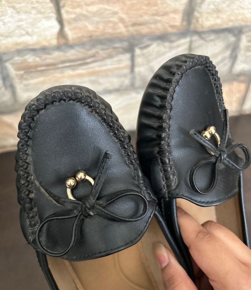 Black Faux Leather Loafers with Bow