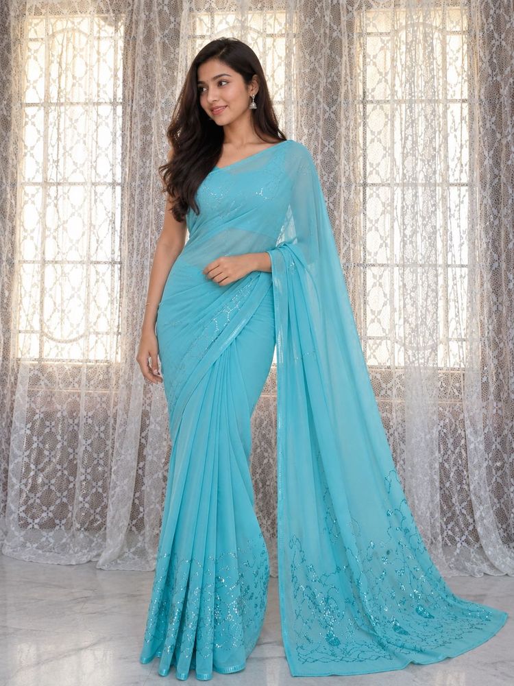 🩵✨Turquoise Blue Poonam Georgette Sequin Saree |