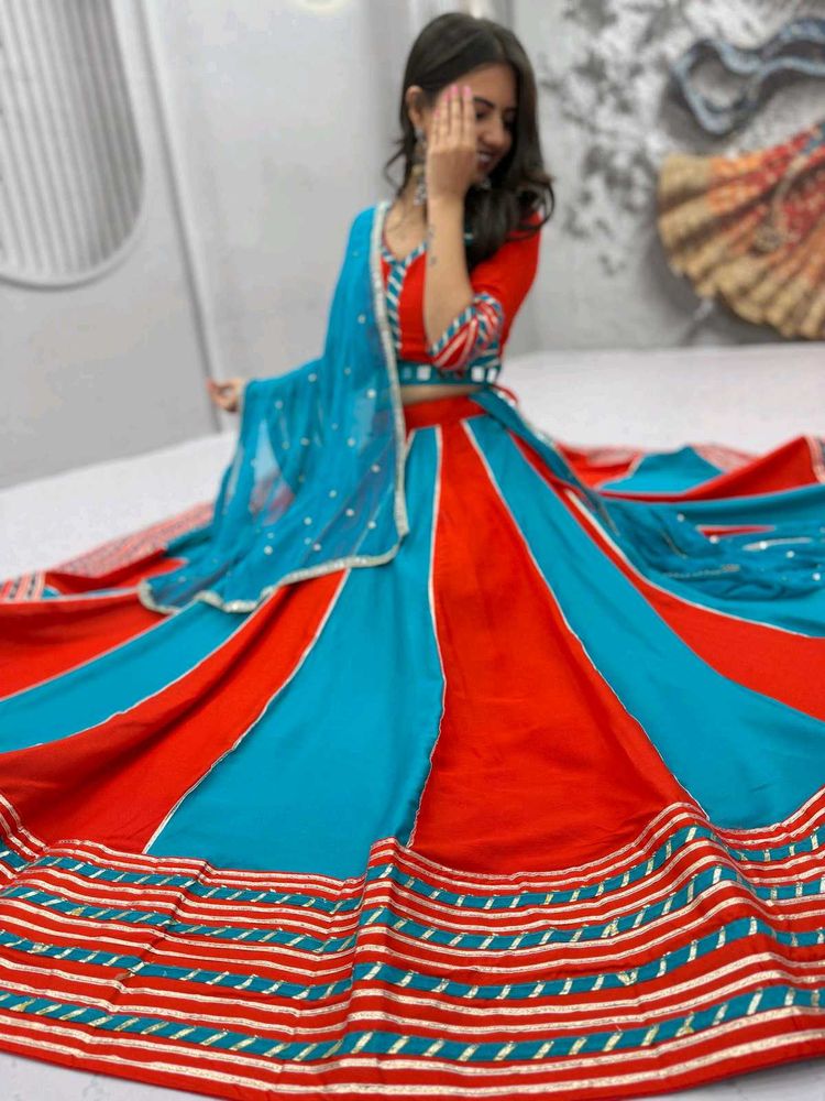 Vibrant Red &amp; Blue Lehenga Set