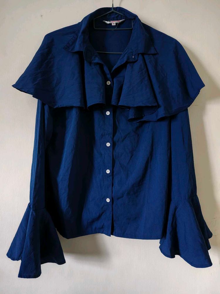 Navy Blue Ruffle Sleeve Button-Up Shirt