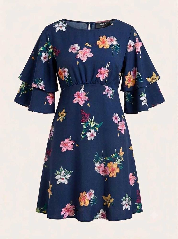 Navy Floral Ruffle Sleeve Dress