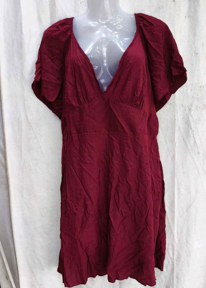 I. Maroon V-Neck Flutter Sleeve Dress