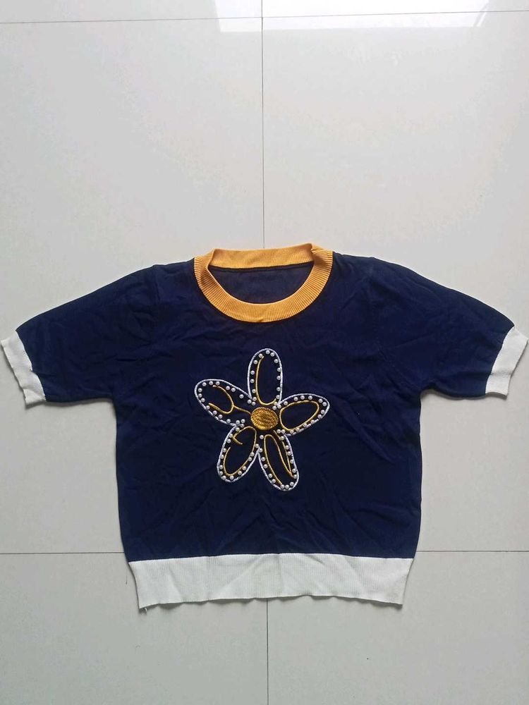 Navy Blue Top with Floral Embroidery